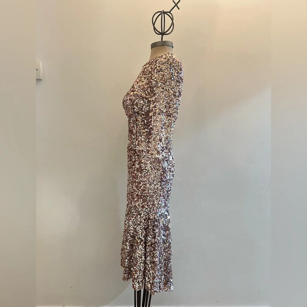 Adrianna papell 3/4 sleeves fully colorful sequins round neck midi dress - Picture 6 of 12